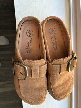 White Mountain Tan Suede Slide Mules with Buckle Accent